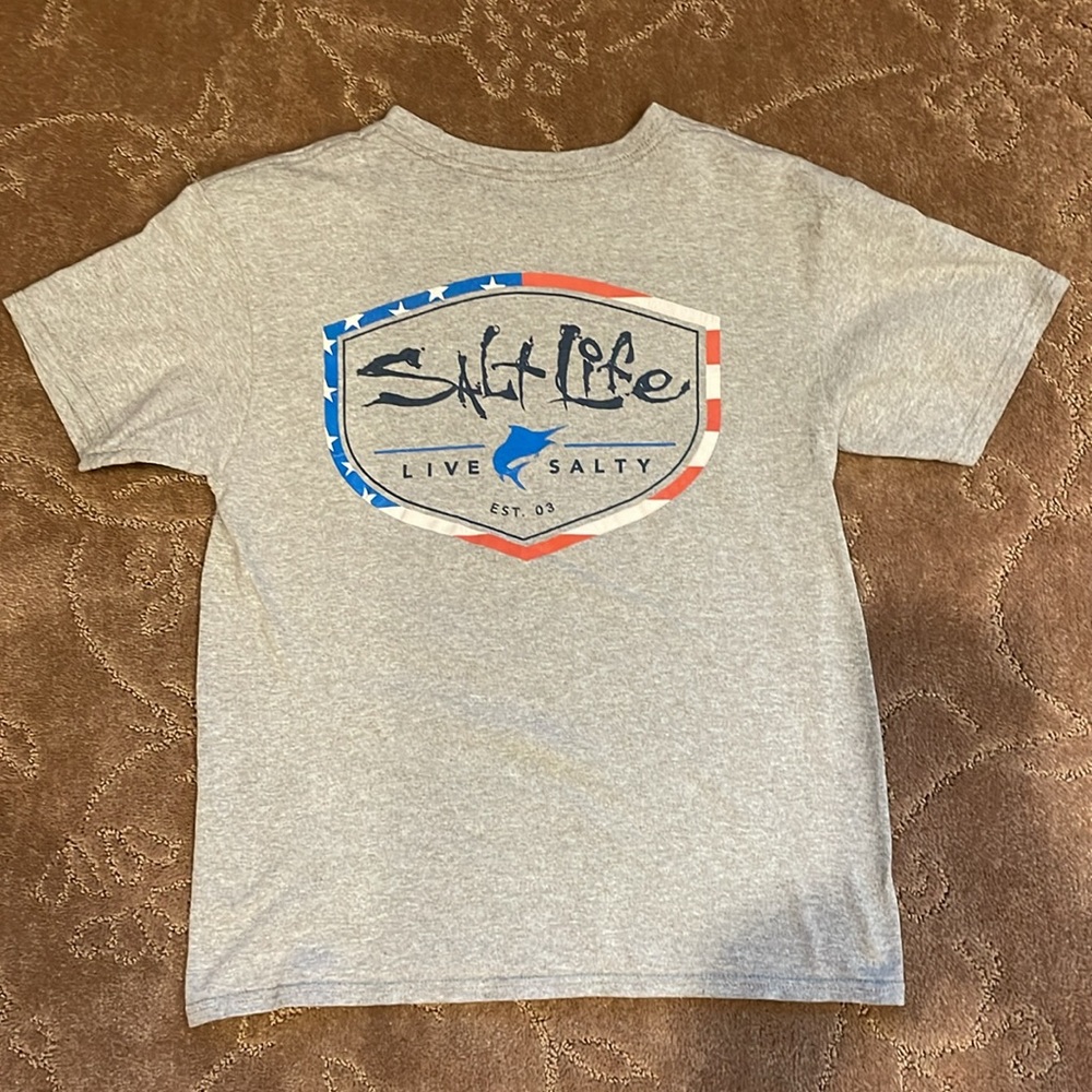 Boys youth large Salt Life Tshirt, gray with red, white, blue design on back